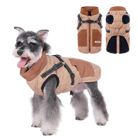 PawSailor Dog Coat with Harness Built in for Small Medium Dogs Waterproof Windproof Snow Jacket Zipper Fleece Dog Snowsuit Vest Pet Winter Apparel Khaki M