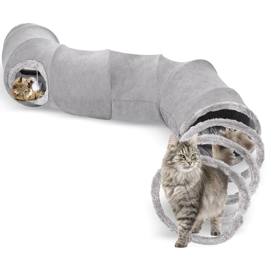 S-2-Way Cat Tunnel for Indoor Cats - 59x10 Inches Collapsible Cat Play Tunnel Interactive Toy with 2 Hidden-Exits&Hanging Balls Cat Spiral Tunnel for Cats Puppy Kitty Kitten Rabbit (Gray)