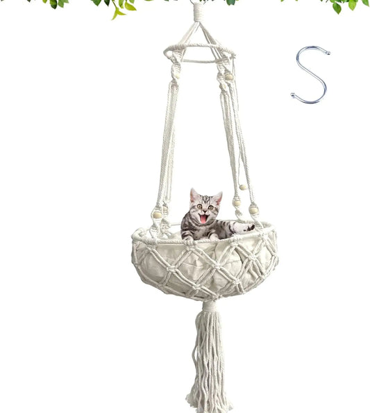 kathson Macrame Cat Hammock with CushionHandwoven Cats BedHanging Indoor Boho Kitten Swing Beds for Playing Sleeping Climbing and Lounging(XL)