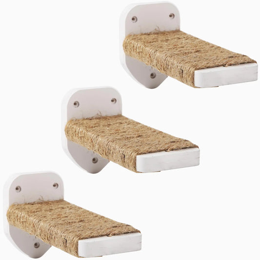 COOLEX- 3 Pcs Cat Wall Steps Cat Shelves and Perches for Wall Wall-Mounted Cat Climbing Shelf with Hemp Rope Covered Cat Wall Furniture Steps Set with Scratching Pads for Cats Playing and Climbing (White)