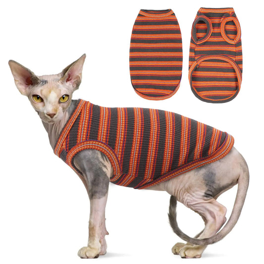 OUOBOB Sphynx Cat Clothes Breathable Hairless Cat Shirts Stripe Kitten T-Shirts Sleeveless Pullover Cat Sweaters Pet Summer Apparel for Sphynx Cornish Rex Devon Rex Peterbald Small Dogs