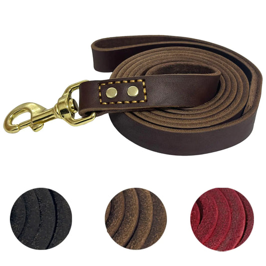 Leather Dog Leash 6 ft x 1 inch Heavy Duty Genuine Leather Dog Training Leash Soft and Strong Leather Leash for Small and Medium Dogs Brown