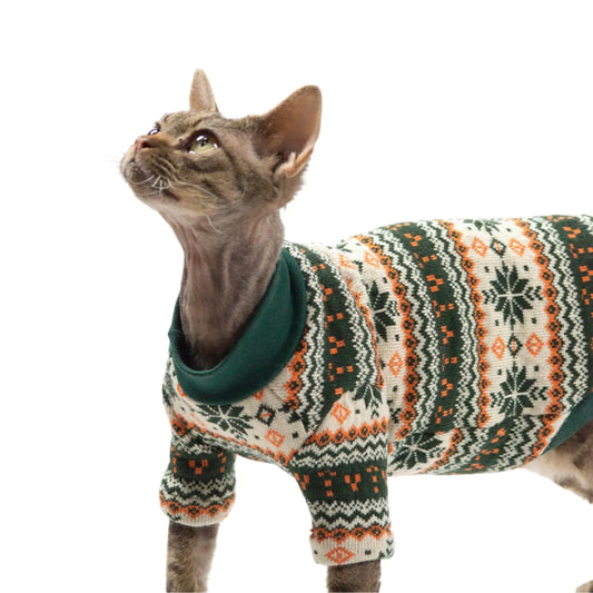 Classic Cat Festive Sweater Pullover Clothes for Hairless Sphynx Devon & All Indoor Kittens (Green2XL)
