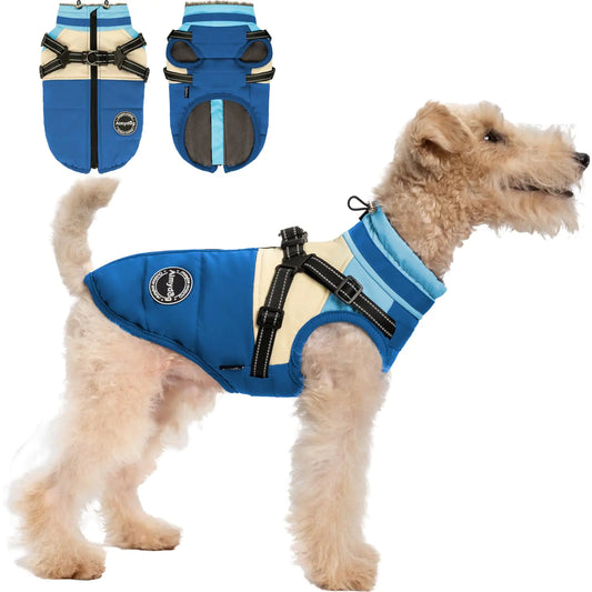 AIMYDOG Dog Winter Coat Waterproof Dog Jacket Warm Dog Coat Windproof Turtleneck Dog Fleece Vest with Harness Built in Reflective Dog Snow Jacket Snowsuit for Small Medium Large Dogs Blue M