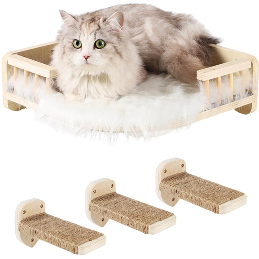 COOLEX Cat Wall Shelves and Perches for Wall Corner with Scratch Post Cat Bed Hammock with Plush Covered Climbing Shelf for Indoor Cats (Wood)