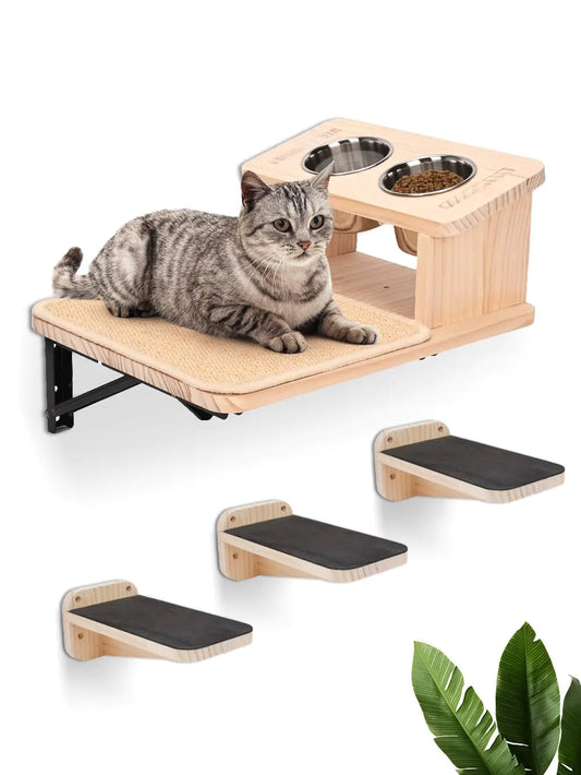 Cat Shelves with 3 Cimbing Wall Steps & Cat Feeding Bowls Station Cat Hammock and Perches for Wall Cat Wall Furniture Set Cat Climbing Shelves Cat Scratching Post