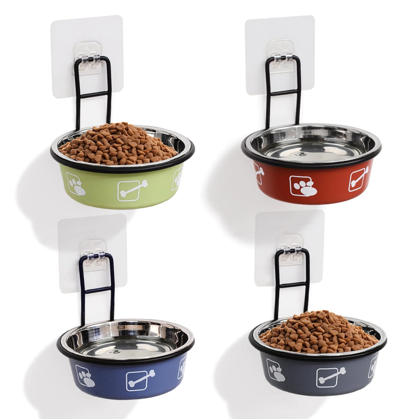 TRUNDISAN 4PCS Multi-Color Raised Cat Bowls Wall Mounted Cat Food Dish Elevated Cat Food and Water Bowls Stainless Steel Hanging Pet Bowls with Stand Nonslip Pet Feeding Bowls