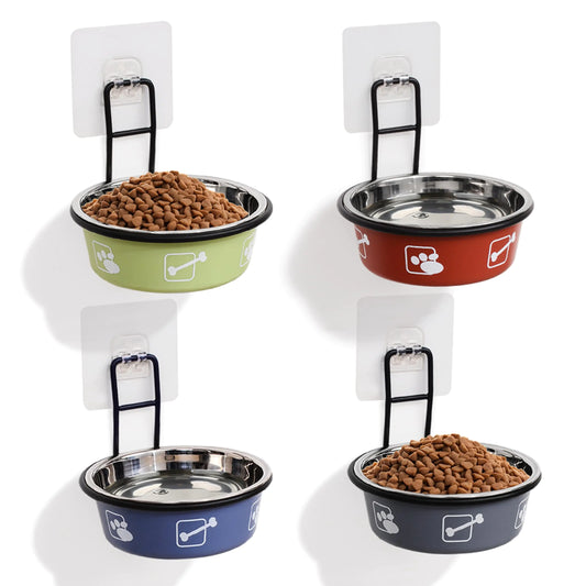 TRUNDISAN 4PCS Multi-Color Raised Cat Bowls Wall Mounted Cat Food Dish Elevated Cat Food and Water Bowls Stainless Steel Hanging Pet Bowls with Stand Nonslip Pet Feeding Bowls